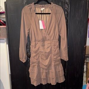 ANDREE BY UNIT Ruffled Long Sleeve Dress in Tan